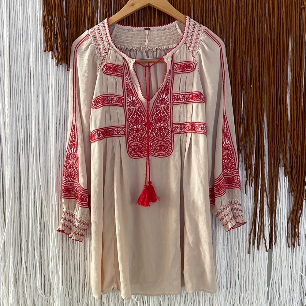Free People Wind Willow Mini Peasant Dress - Red and Cream XS fits generous - Picture 5 of 8